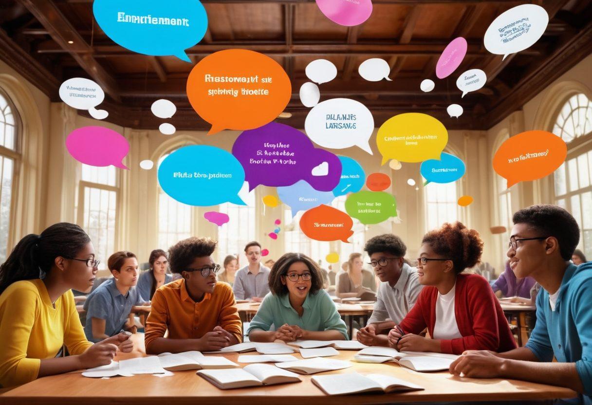 A dynamic scene featuring a diverse group of students passionately debating in a vibrant university setting, with books and research papers strewn about, and thought bubbles representing various perspectives. Brightly colored banners showcasing different academic disciplines adorn the background. Incorporate expressive facial animations to capture engagement and intrigue. super-realistic. vibrant colors. 3D.