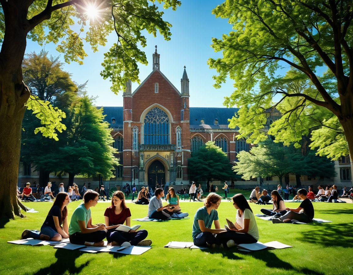 A vibrant collage of diverse Cambridge students sitting together in a lush green campus, deeply engaged in discussions, textbooks and notebooks scattered around, with iconic university architecture in the background. Include dynamic angles showcasing various perspectives, emphasizing the energy of collaboration and learning. Bright sunlight filters through the trees, creating a warm and inviting atmosphere. super-realistic. vibrant colors. 3D.