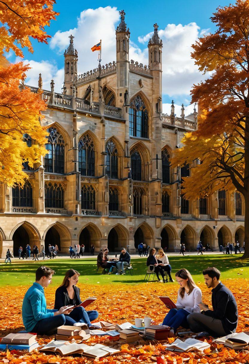 A colorful collage of diverse people engaged in thoughtful discussion around an iconic Cambridge landmark, such as King’s College, with books, laptops, and coffee cups scattered around. The background should depict vibrant autumn leaves and historic architecture, symbolizing knowledge sharing and creativity. The overall tone should evoke a sense of community and inspiration. super-realistic. vibrant colors. 3D.